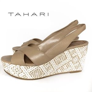 Tahari leather Nude woven leather wedges size 71/2
